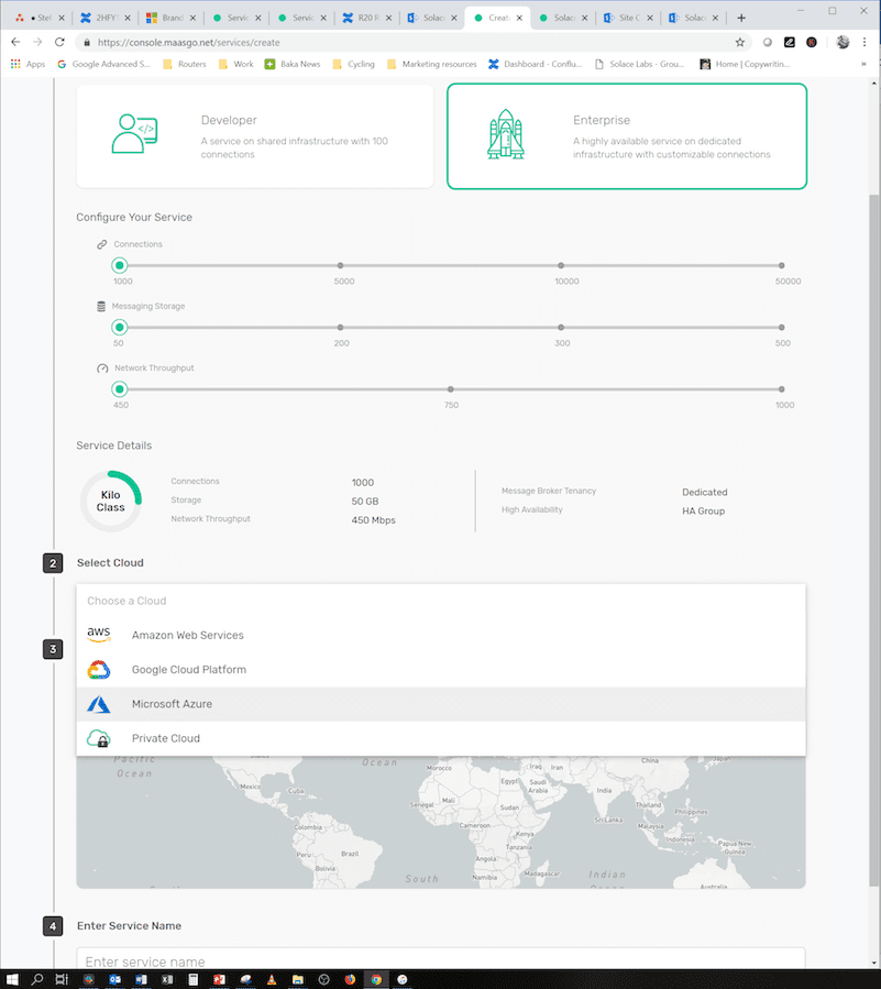 Select Azure from the list of available clouds in the Create Service console