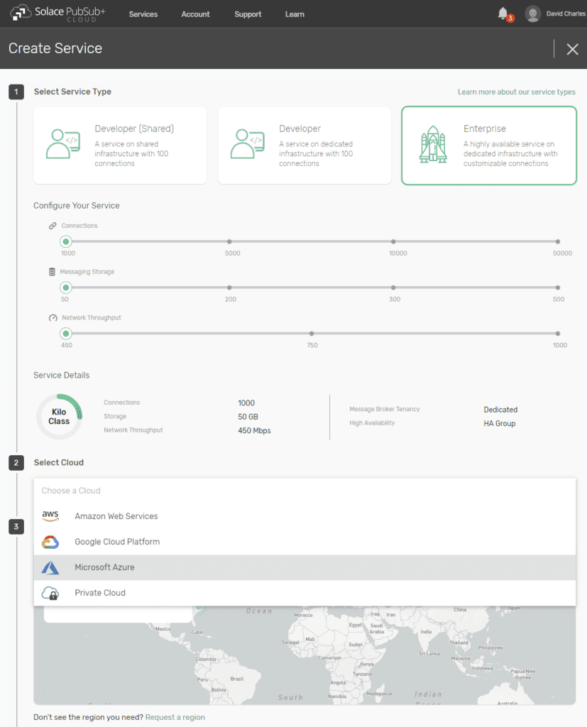 Create Service -- Solace PubSub+ Cloud