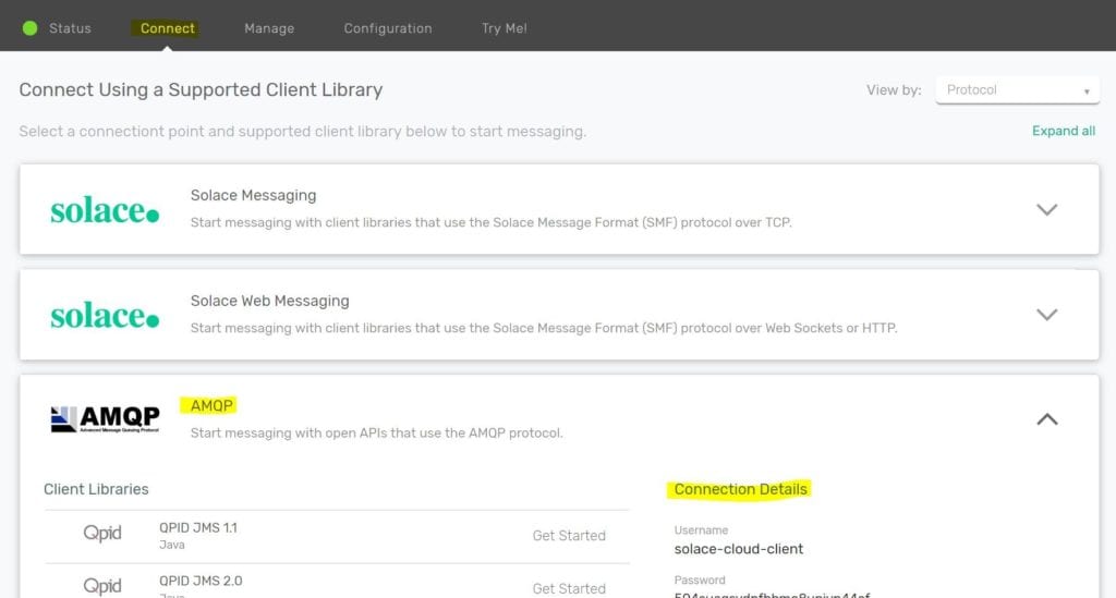 Console shot of the AMQP connectivity details from within Solace PubSub+ Cloud