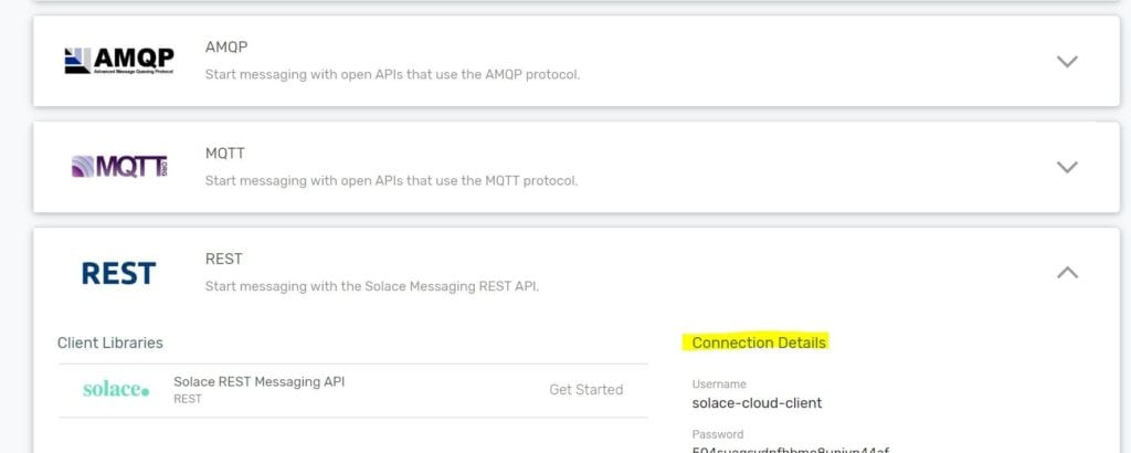 Console screenshot inside PubSub+ Cloud about how to details on how to connect the same instance via HTTP REST