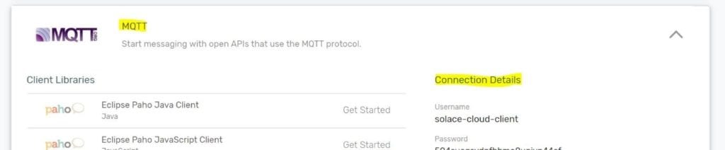 PubSub+ Cloud screenshot with details on how to connect to the instance via MQTT