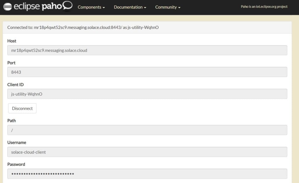 Screenshot from online hosted JavaScript-over-WebSocket MQTT utility by Eclipse Paho