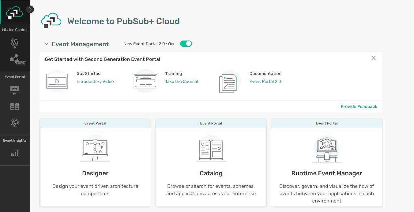 an screenshot of PubSub+ Event Portal welcome screen showing you how to access PubSub+ Event Portal 2.0