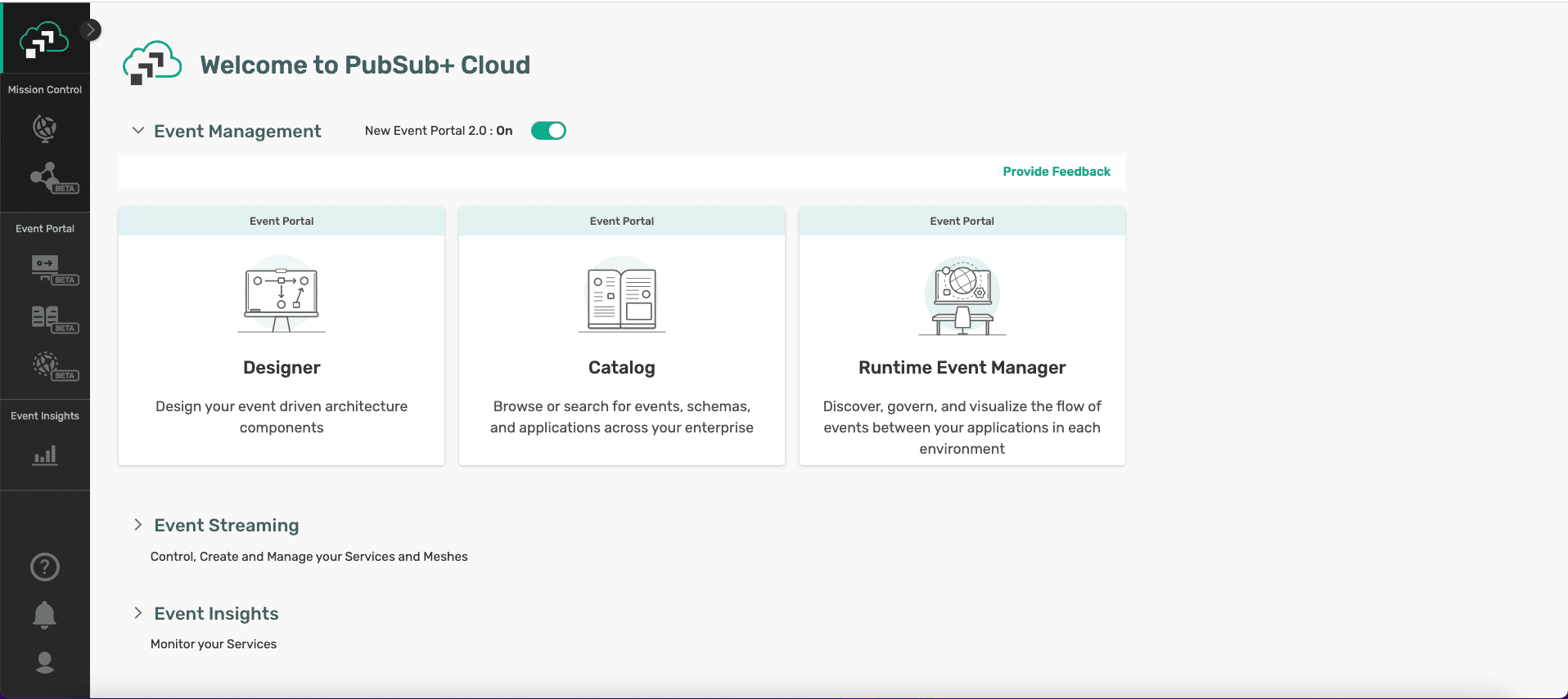The home screen of PubSub+ Cloud showing PubSub+ Event Portal Designer, Catalog, and Runtime Event Manager.