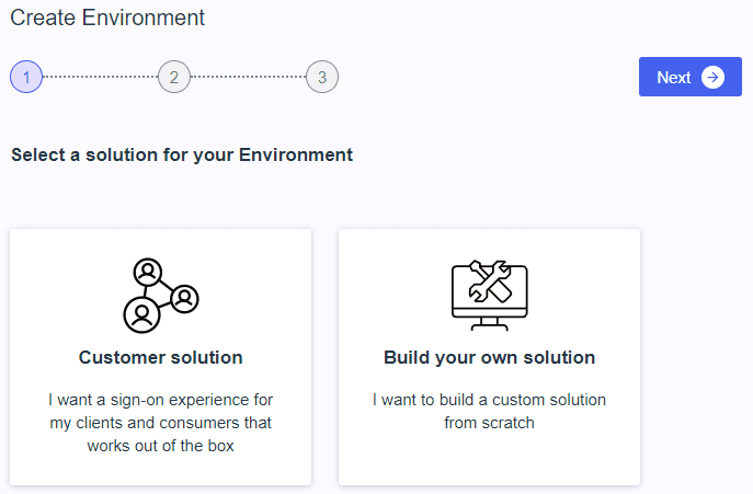 an image of the "create environment" screen asking to select a solution: customer solution or build-your-own