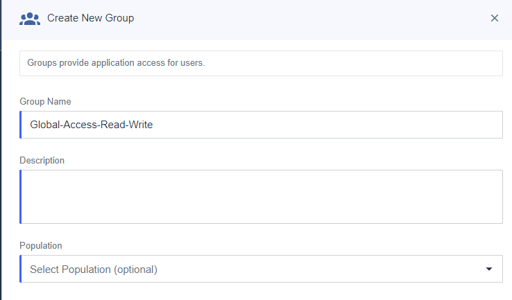 a screenshot of what you see when you select the option to create a new group and assigning a group name for application access