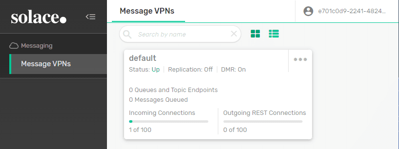 screenshot of PubSub+ Manager, logged in as an authenticated user authorized with read-write access in the default message-vpn
