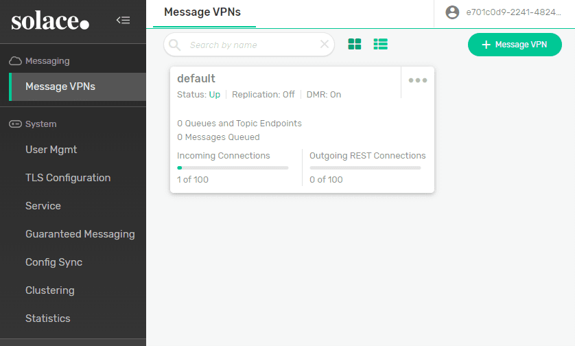 screenshot of PubSub+ Manager where the user has Global-Access-Read-Write access level in addition to read-write in the default message-vpn.