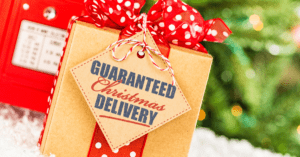 a christmas present with the words "guaranteed delivery" on a tag