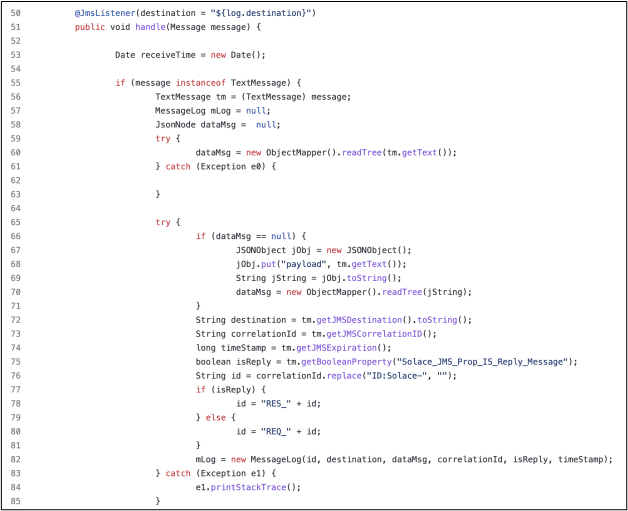 Code snippet showing how message listener is implemented