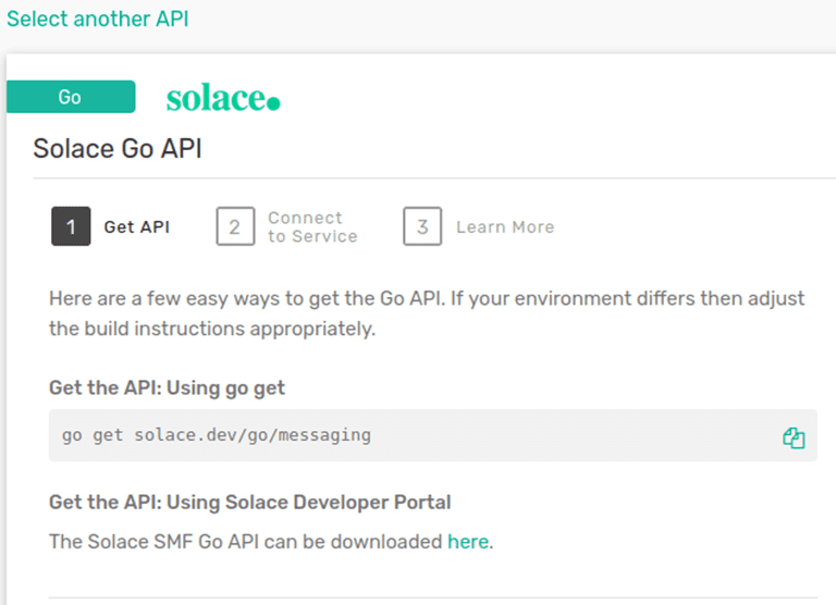 Figure 3: Get Solace credentials for Go programming language from Solace web page