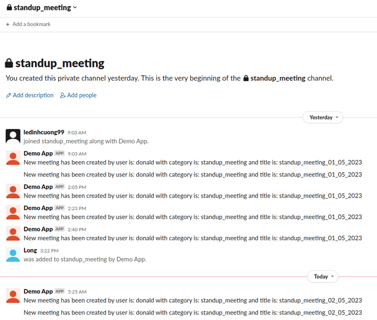 Figure 10: A new meeting has been created and notification is sent to standup_meeting channel