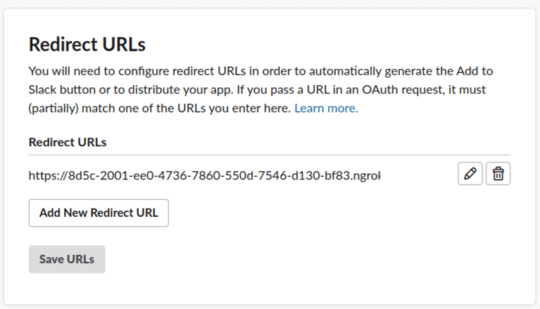 Figure 14: Set redirect URL for the Slack app