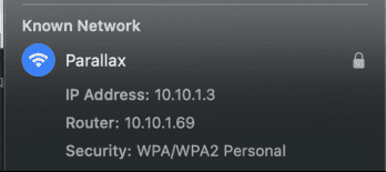Network settings menu showing the SSID and IP address of the device.