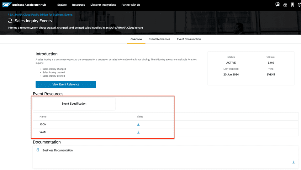 SAP Business acclerator hub AsyncAPI download