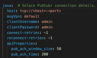 Connection Configuration code for Solace PubSub+ Broker