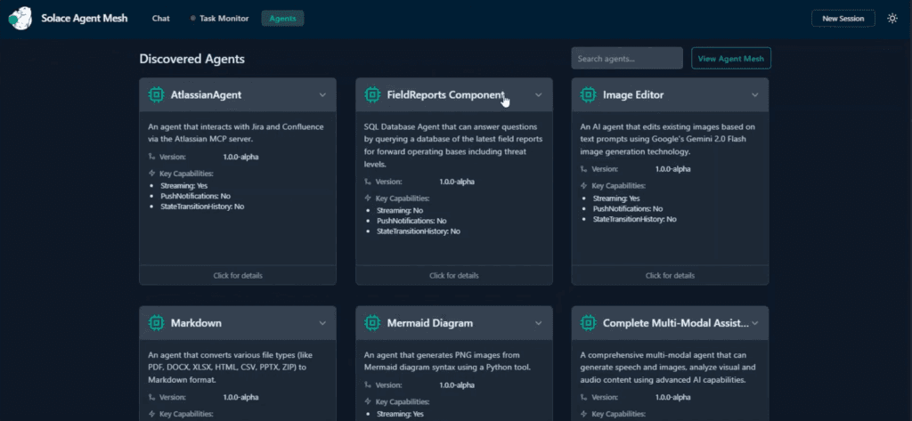 Solace Agent Mesh dashboard