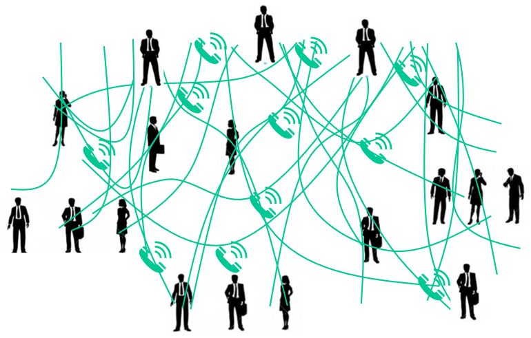 illustration of business professionals connected by a tangled web of green lines and telephone icons, representing complex or chaotic communication networks